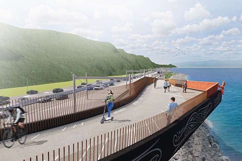 Artists impression of Te Ara Tupua, showing people walking, cycling and on scooters along a pathway that juts out over the water