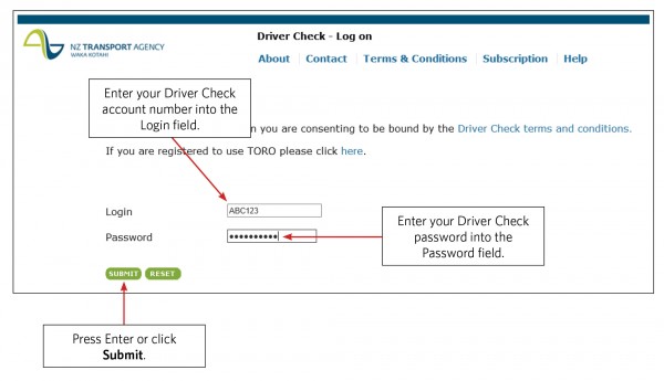 Driver Check - login screen with instructions