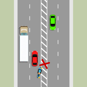 On a 4 laned road with a flush median for a centre line a blue motorcycle is attempting to use the flush median to pass a truck and a red car taking up both the lanes. A red X indicates this is the wrong thing to do.