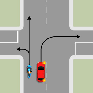 A blue motorcycle and red car at a cross intersection. The car signals to turn right. There's enough room in the lane for the motorcycle to pass, with arrows showing it can travel straight ahead or turn left.