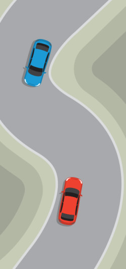 Curved unlaned road with blue car and red car keeping left