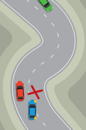 A blue car is attempting to pass a red car but cannot see the green car around the corner. A red X indicates this is the wrong thing to do.