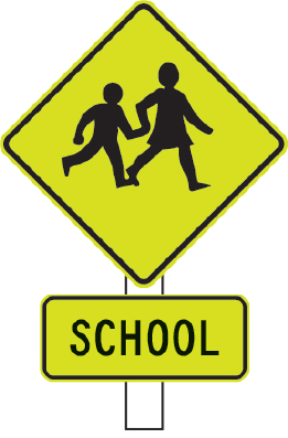 Fluorescent yellow-green ‘children’ and ‘school’ warning sign