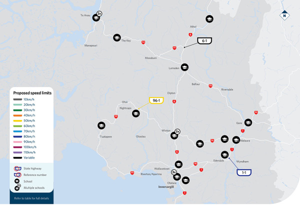 Map showing locations of proposed speed limit changes in Southland