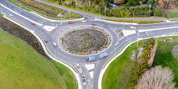 Vehicles travelling through a large multi-laned roundabout