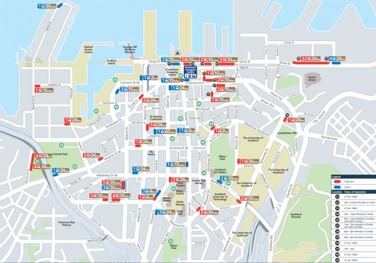 colourful street map showing auckland transport bus parking and toilet facilities