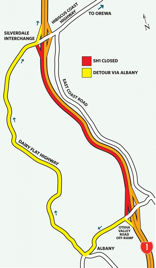 Map showing detour rote of State Highway 1 Dairy Flat