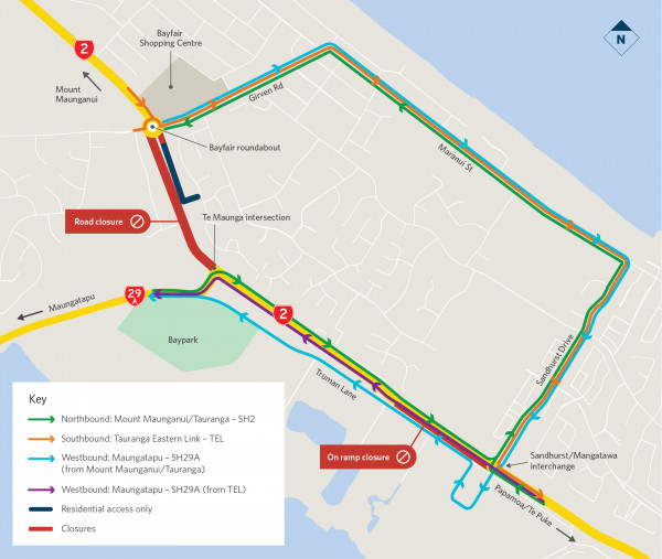 Map showing where State Highway 2 will be closed between Bayfair roundabout and Te Maunga intersection during the first weekend of July to enable construction of the second of Bay Link’s three bridges