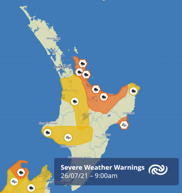 metservice map showing severe weather warning on 26 July 2021