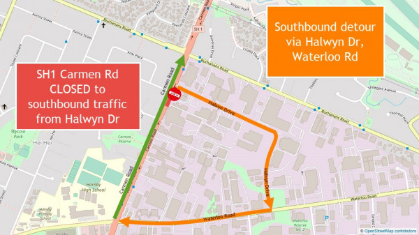 Map showing to location of the closure along Carmen Road, and the detour route along Halwyn Drive and Waterloo Road