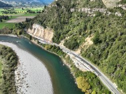 aerial view of a coastal road with construction works