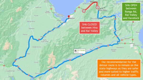 Detour map - connecting residents in the closure zone. State Highway 6 Whangamoa closure update