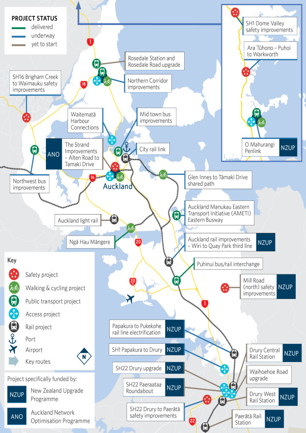 Map showing location of key projects in the Auckland region