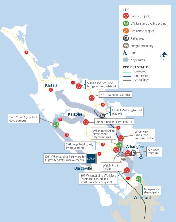 Map showing location of key projects in the Northland region