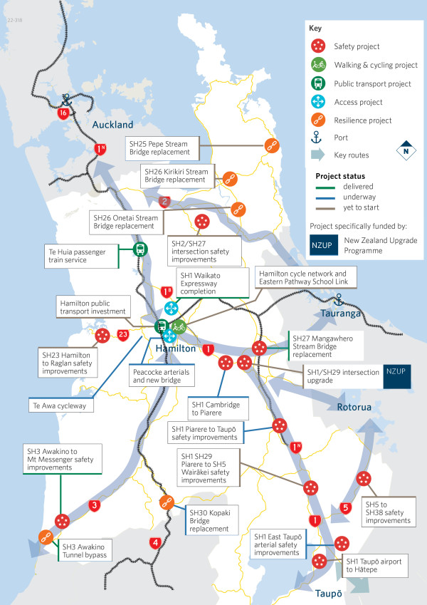 Map showing location of key projects in the Waikato region