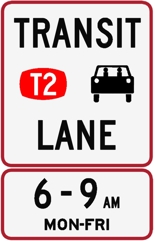Transit Lane T2 sign showing car icon with two passengers and a truck icon. 6 to 9 am, Monday to Friday.