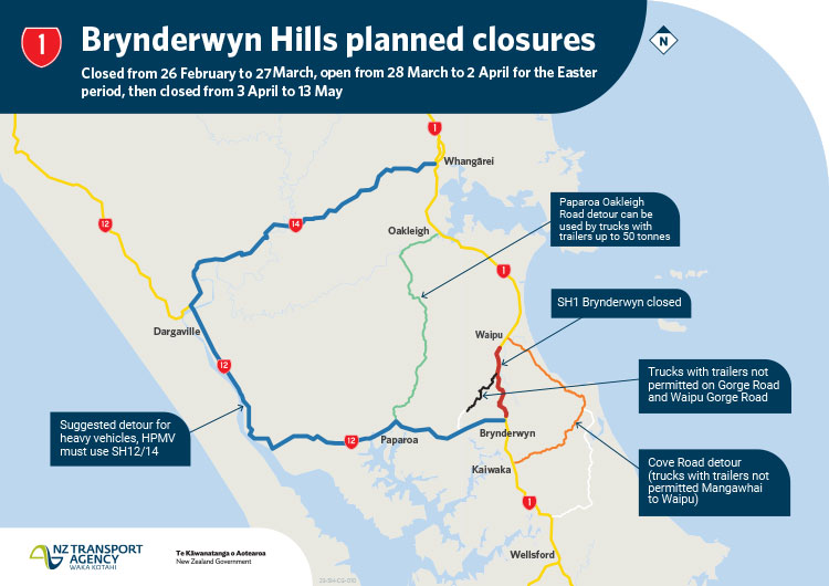  Map showing planned closures and suggested detour on State Highway 14 and State Highway 12