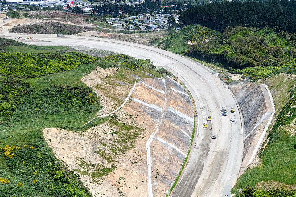 Aerial view of new motorway showing sub-base course being installed.