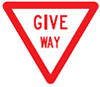 Regulatory traffic upside down triangular sign with a red border that says give way